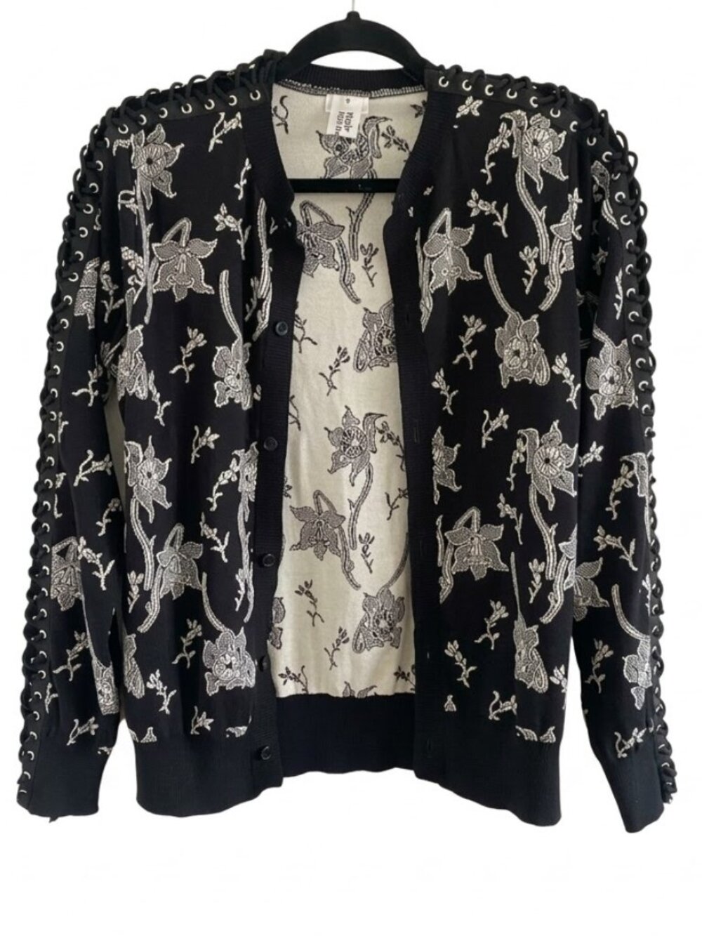 Noir Kei Ninomiya CDG Silk Knit Floral Cardigan Lace Up Sleeves Sz M